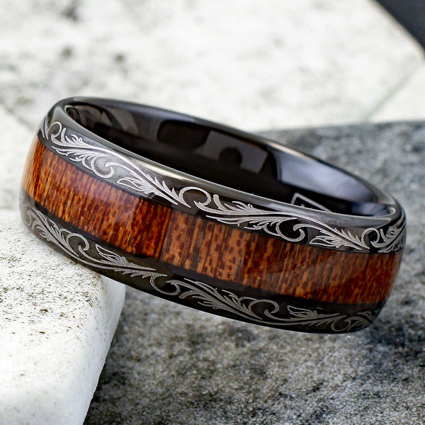 Delightful Black Tungsten Ring with Wood Grain Inlay and Gold Leaf Edge Accent