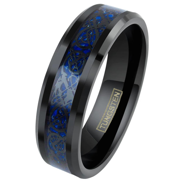 Brilliant Black Tungsten Ring with Black Celtic Dragon on Dark Deep Blue Background Inlay