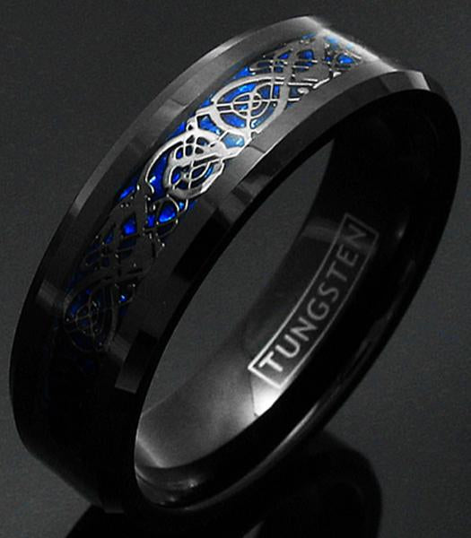 Brilliant Black Tungsten Ring with Black Celtic Dragon on Dark Deep Blue Background Inlay