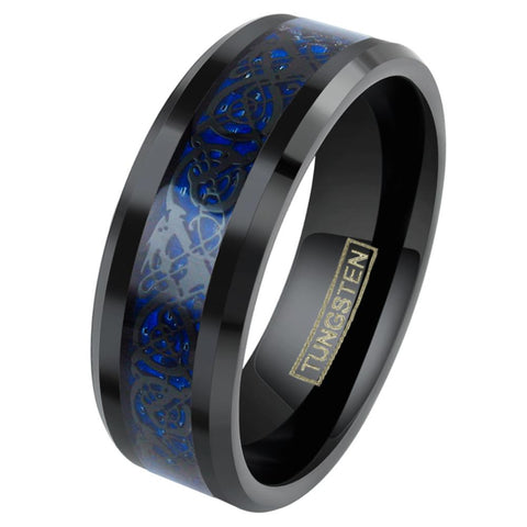Brilliant Black Tungsten Ring with Black Celtic Dragon on Dark Deep Blue Background Inlay