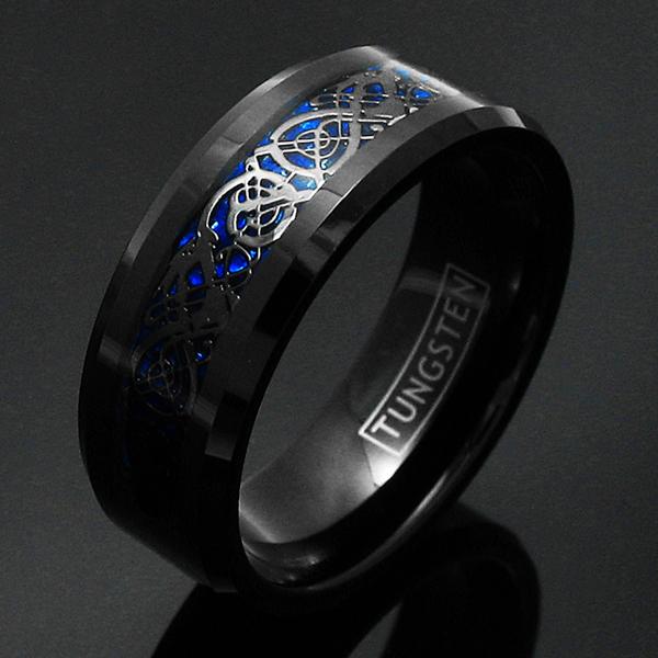 Brilliant Black Tungsten Ring with Black Celtic Dragon on Dark Deep Blue Background Inlay
