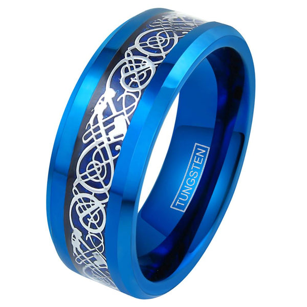 Beautiful Blue Tungsten Ring with Silver Celtic Dragon on Cobalt Blue Inlay