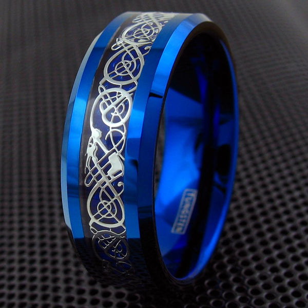 Beautiful Blue Tungsten Ring with Silver Celtic Dragon on Cobalt Blue Inlay