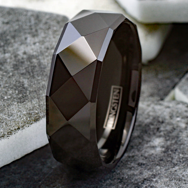Lavish 8mm Black Tungsten Band Ring in Radiant Pyramid Faceted Black Mirror Finish