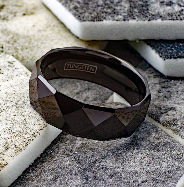 Lavish 8mm Black Tungsten Band Ring in Radiant Pyramid Faceted Black Mirror Finish