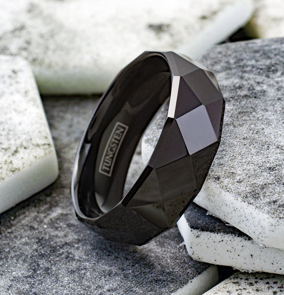 Lavish 8mm Black Tungsten Band Ring in Radiant Pyramid Faceted Black Mirror Finish