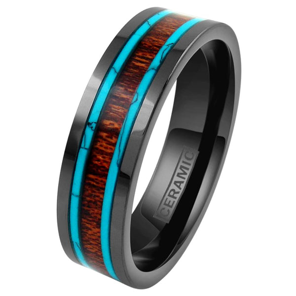 Ultramodern 6mm/8mm Black CERAMIC Ring with Stunning Koa Wood and Turquoise Inlays. Simply Beautiful.