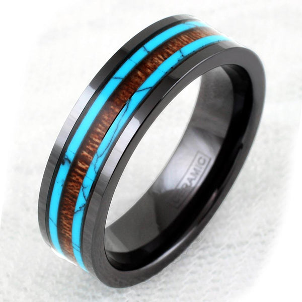 Ultramodern 6mm/8mm Black CERAMIC Ring with Stunning Koa Wood and Turquoise Inlays. Simply Beautiful.