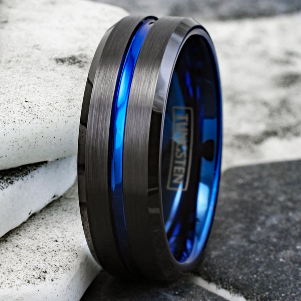 Stunning Brushed Finish Black Tungsten Ring with Sapphire Thin Blue Line Stripe, Matching Blue Inner Band, and Beveled Edges. For men and women. Couple Ring.