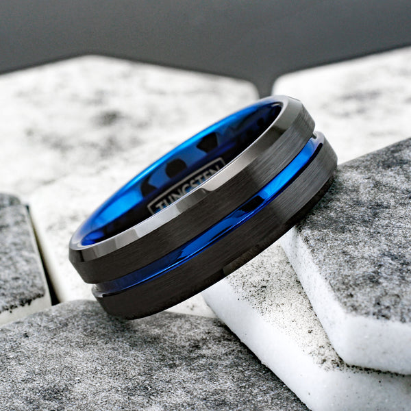 Stunning Brushed Finish Black Tungsten Ring with Sapphire Thin Blue Line Stripe, Matching Blue Inner Band, and Beveled Edges. For men and women. Couple Ring.
