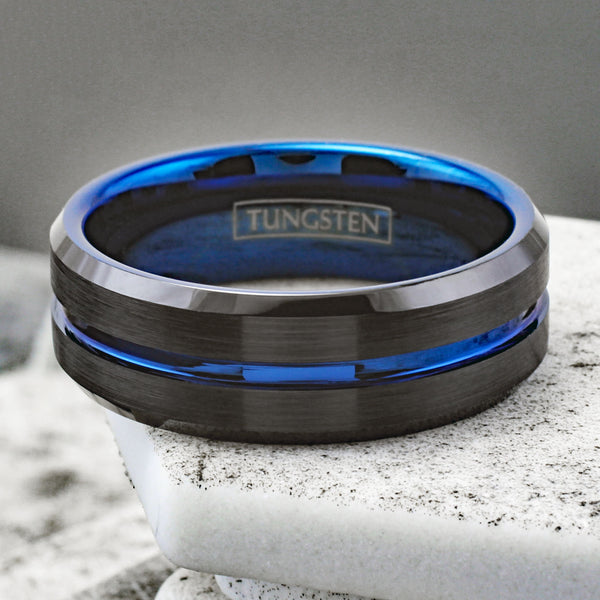 Stunning Brushed Finish Black Tungsten Ring with Sapphire Thin Blue Line Stripe, Matching Blue Inner Band, and Beveled Edges. For men and women. Couple Ring.