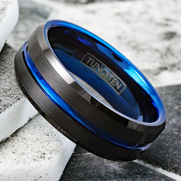 Stunning Brushed Finish Black Tungsten Ring with Sapphire Thin Blue Line Stripe, Matching Blue Inner Band, and Beveled Edges. For men and women. Couple Ring.