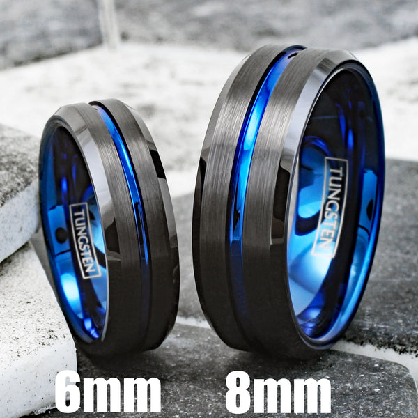 Stunning Brushed Finish Black Tungsten Ring with Sapphire Thin Blue Line Stripe, Matching Blue Inner Band, and Beveled Edges. For men and women. Couple Ring.