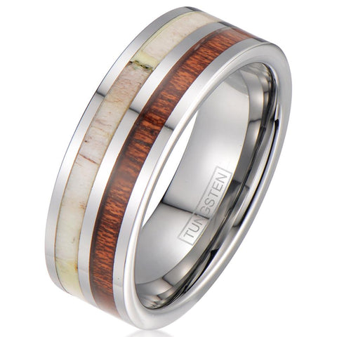Beautiful Mirror Polished Flat Band Tungsten Ring w/ Awesome Deer Antler & Koa Wood Inlays.