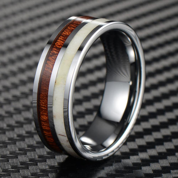 Beautiful Mirror Polished Flat Band Tungsten Ring w/ Awesome Deer Antler & Koa Wood Inlays.