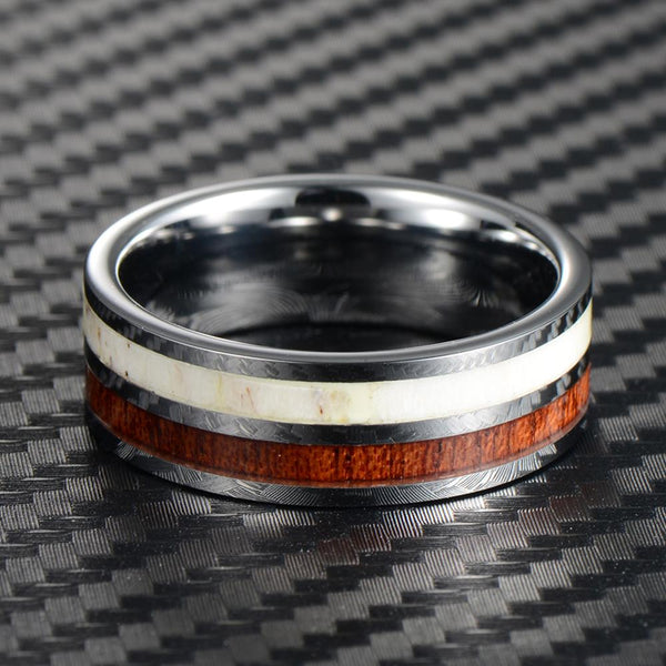 Beautiful Mirror Polished Flat Band Tungsten Ring w/ Awesome Deer Antler & Koa Wood Inlays.