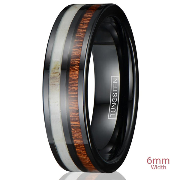 Awesome Black Flat Band Tungsten Ring w/ Cool Deer Antler & Koa Wood Inlays.