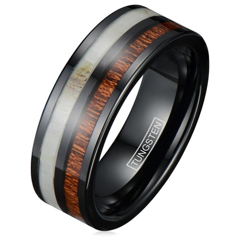 Awesome Black Flat Band Tungsten Ring w/ Cool Deer Antler & Koa Wood Inlays.