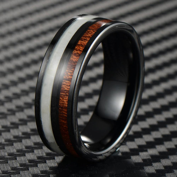 Awesome Black Flat Band Tungsten Ring w/ Cool Deer Antler & Koa Wood Inlays.