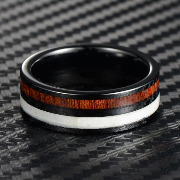 Awesome Black Flat Band Tungsten Ring w/ Cool Deer Antler & Koa Wood Inlays.