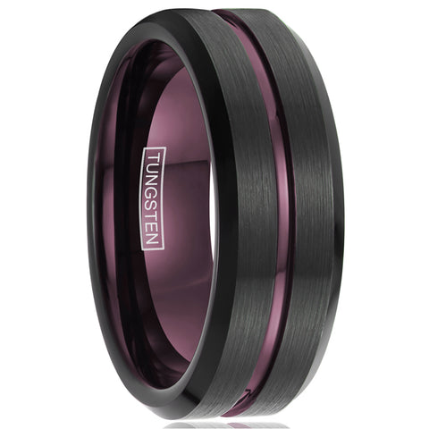 Awesome Black Tungsten Ring with Plum Purple Stripe & Inner Band, with Beveled Edges.