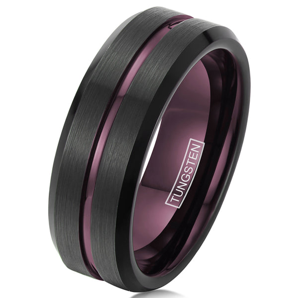Awesome Black Tungsten Ring with Plum Purple Stripe & Inner Band, with Beveled Edges.