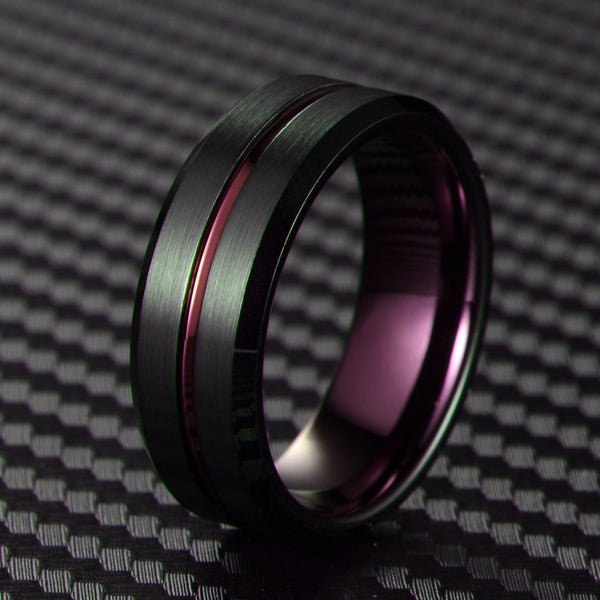 Awesome Black Tungsten Ring with Plum Purple Stripe & Inner Band, with Beveled Edges.