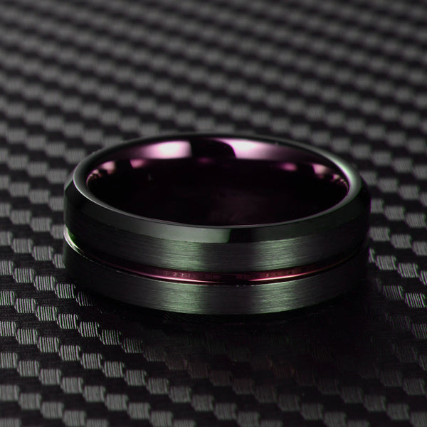 Awesome Black Tungsten Ring with Plum Purple Stripe & Inner Band, with Beveled Edges.