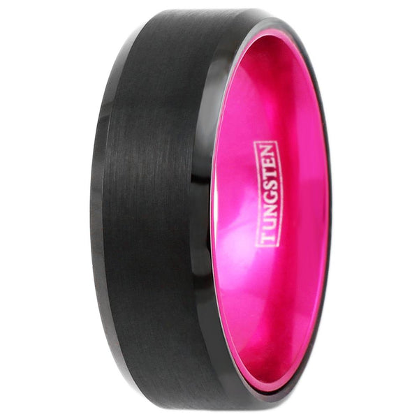 Fabulous Black Tungsten Ring with Brilliant Hot Pink Inner Band, & Beveled Edges.