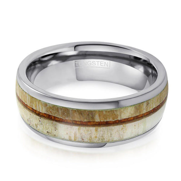 Silver tungsten dome ring w/ thin Koa wood & deer antler inlays | Wholesale tungsten rings - wedding rings | Flat photo