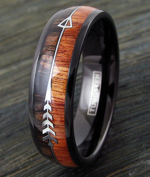 Awesome 6mm/8mm Black Tungsten Dome Ring w/ Koa Wood Inlay and Feathered Arrow.