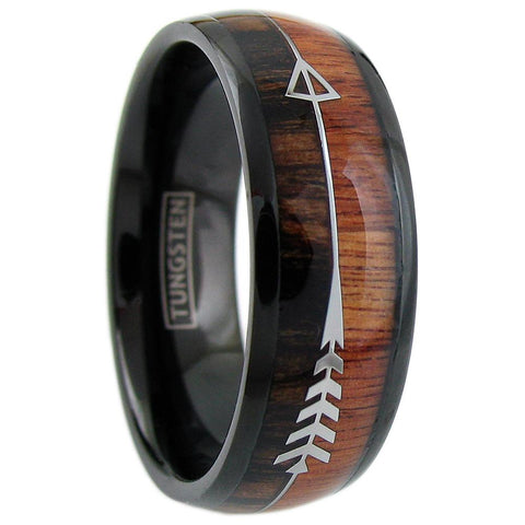 Awesome 6mm/8mm Black Tungsten Dome Ring w/ Koa Wood Inlay and Feathered Arrow.