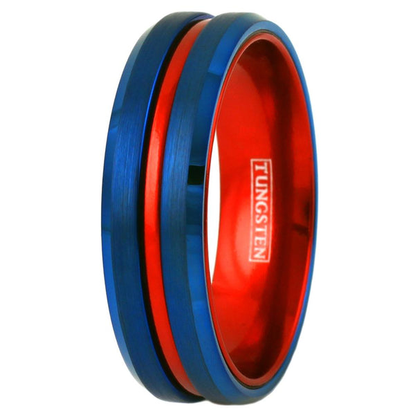 Super Royal Blue Tungsten Ring with Anodized Aluminum Fire Engine Red Inner Band and Recessed Stripe, with Beveled Edges.