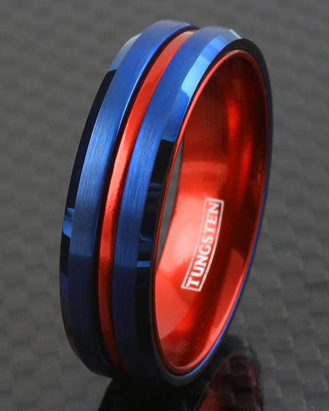 Super Royal Blue Tungsten Ring with Anodized Aluminum Fire Engine Red Inner Band and Recessed Stripe, with Beveled Edges.
