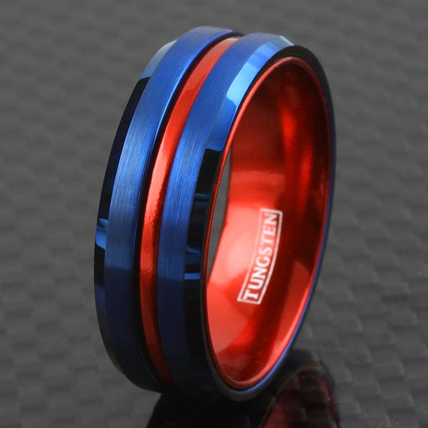 Super Royal Blue Tungsten Ring with Anodized Aluminum Fire Engine Red Inner Band and Recessed Stripe, with Beveled Edges.