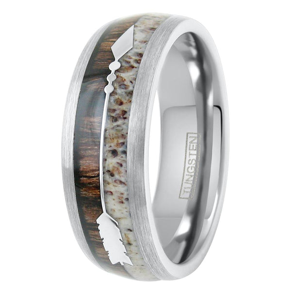 Exquisite 8mm Silver Tungsten Dome Ring w/ Deer Antler & Koa Wood Inlays and a Lovely Silver Feathered Arrow.