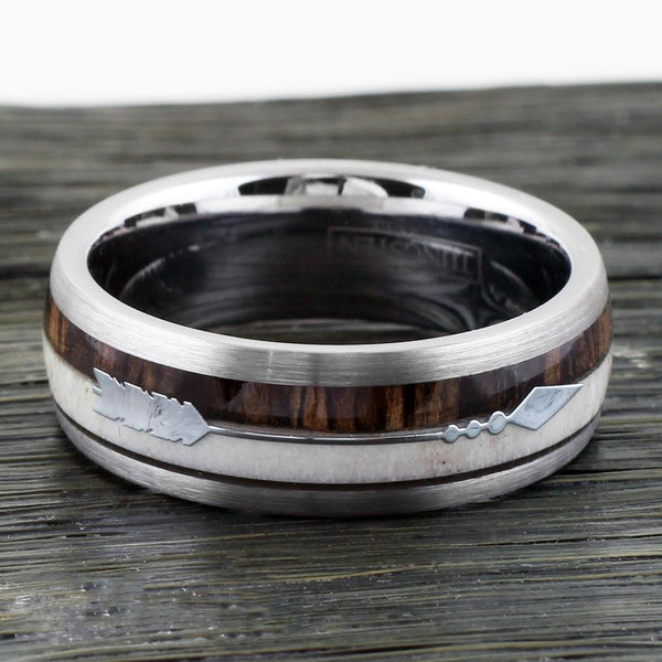 Exquisite 8mm Silver Tungsten Dome Ring w/ Deer Antler & Koa Wood Inlays and a Lovely Silver Feathered Arrow.