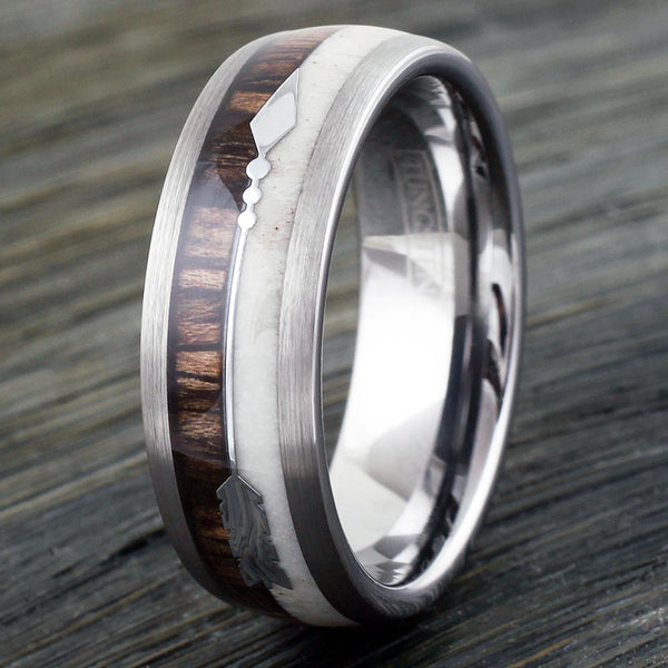 Exquisite 8mm Silver Tungsten Dome Ring w/ Deer Antler & Koa Wood Inlays and a Lovely Silver Feathered Arrow.