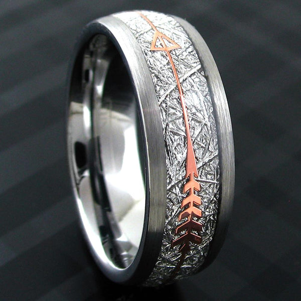 Awesome Silver Tungsten Dome Ring w/ Faux Meteorite and Rose Gold Feathered Arrow Inlays. Available in 6mm & 8mm.