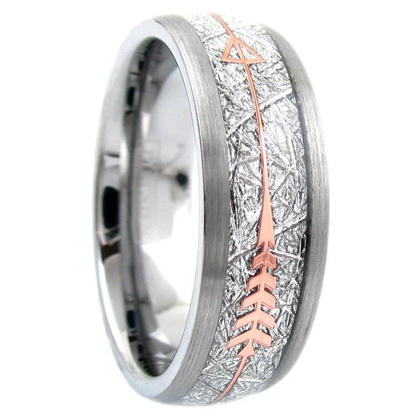Awesome Silver Tungsten Dome Ring w/ Faux Meteorite and Rose Gold Feathered Arrow Inlays. Available in 6mm & 8mm.