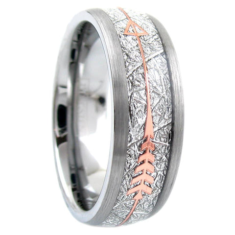 Awesome Silver Tungsten Dome Ring w/ Faux Meteorite and Rose Gold Feathered Arrow Inlays. Available in 6mm & 8mm.