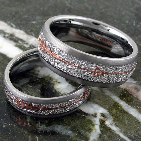 Awesome Silver Tungsten Dome Ring w/ Faux Meteorite and Rose Gold Feathered Arrow Inlays. Available in 6mm & 8mm.