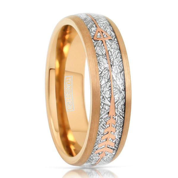Gorgeous 6mm/8mm Rose Gold Tungsten Dome Ring w/ Faux Meteorite Inlay & Beautiful Matching Rose Gold Feathered Arrow.