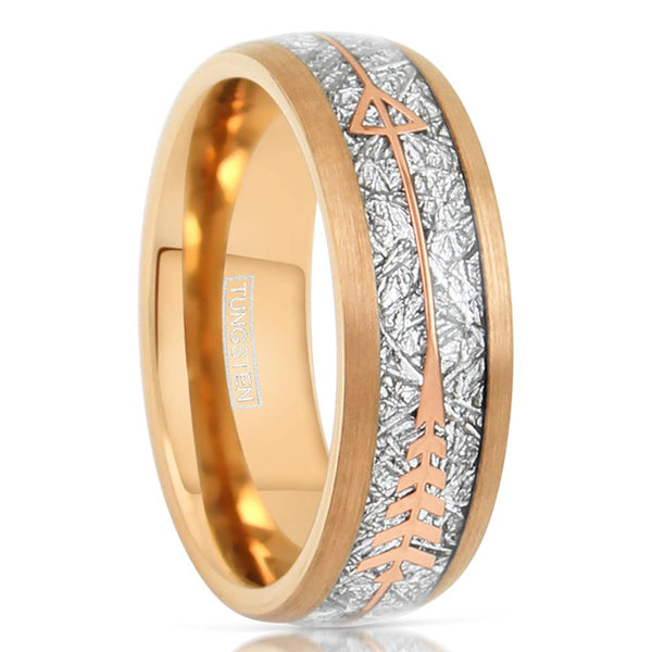 Gorgeous 6mm/8mm Rose Gold Tungsten Dome Ring w/ Faux Meteorite Inlay & Beautiful Matching Rose Gold Feathered Arrow.