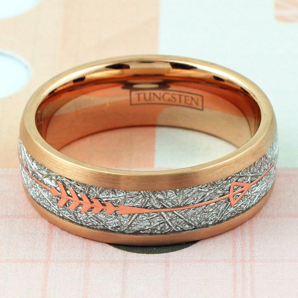 Gorgeous 6mm/8mm Rose Gold Tungsten Dome Ring w/ Faux Meteorite Inlay & Beautiful Matching Rose Gold Feathered Arrow.