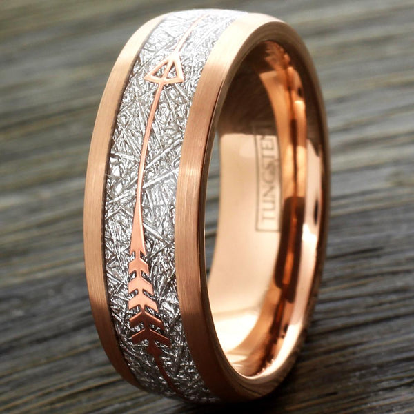 Gorgeous 6mm/8mm Rose Gold Tungsten Dome Ring w/ Faux Meteorite Inlay & Beautiful Matching Rose Gold Feathered Arrow.