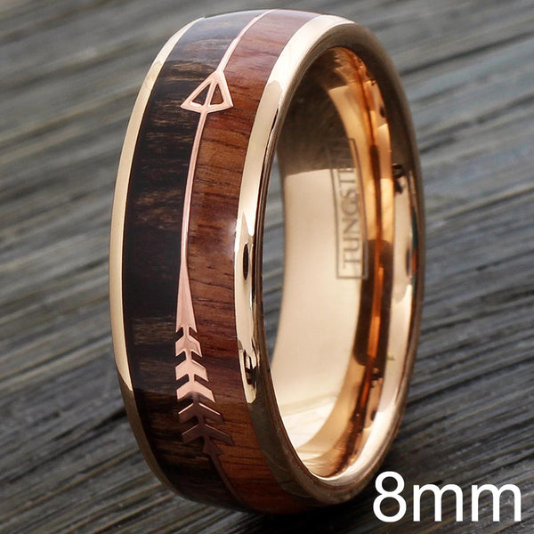 Graceful & Ornate Rose Gold Tungsten Dome Ring w/ Koa Wood Inlay and Feathered Arrow Inlays. Available in 6mm & 8mm.