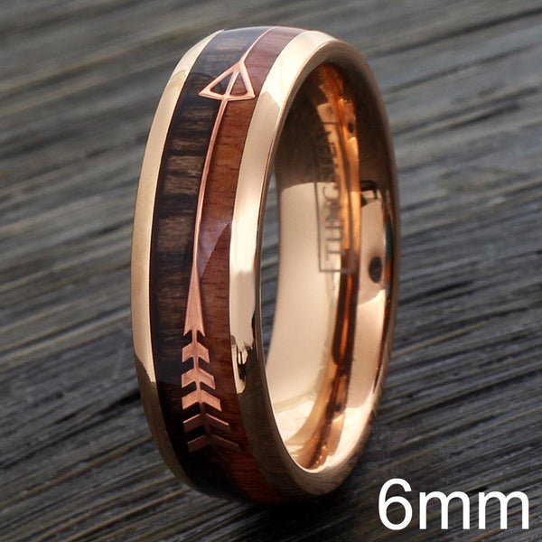 Graceful & Ornate Rose Gold Tungsten Dome Ring w/ Koa Wood Inlay and Feathered Arrow Inlays. Available in 6mm & 8mm.