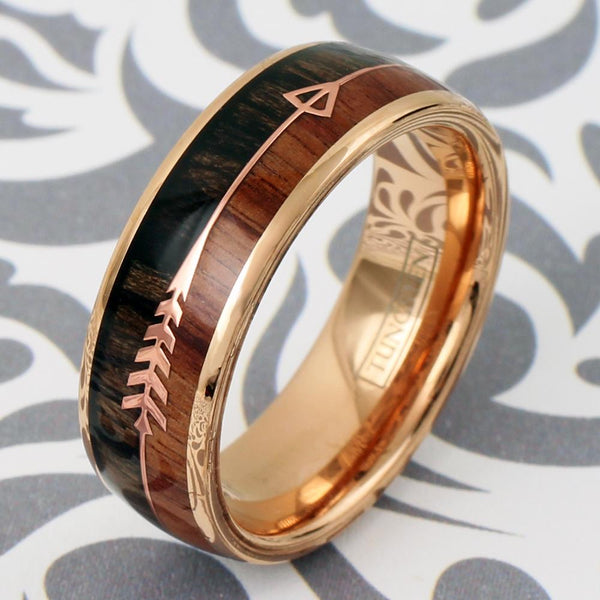 Graceful & Ornate Rose Gold Tungsten Dome Ring w/ Koa Wood Inlay and Feathered Arrow Inlays. Available in 6mm & 8mm.