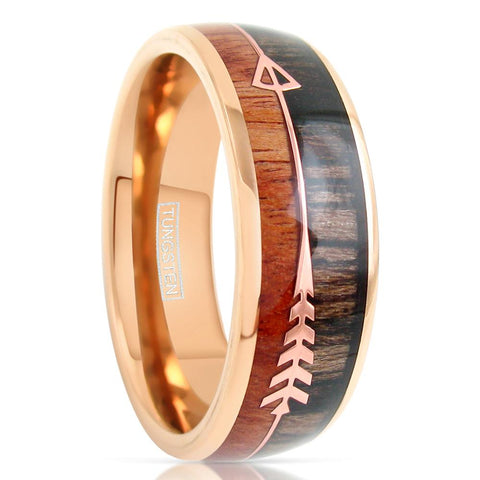 Graceful & Ornate Rose Gold Tungsten Dome Ring w/ Koa Wood Inlay and Feathered Arrow Inlays. Available in 6mm & 8mm.
